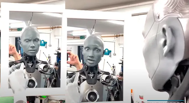 Ameca tuvo una increíble reacción con gestos al verse frente al espejo. Video es viral en Youtube.