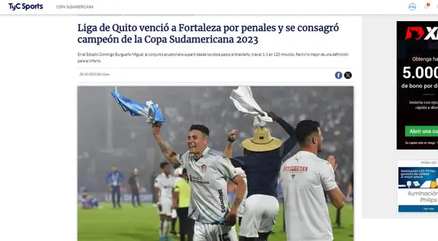 TyC Sports también mencionó el campeonato del LDU. TyC Sports también mencionó el campeonato del LDU.