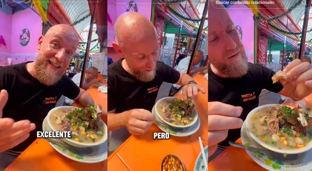 Escocés prueba caldo de mote peruano y sorprende en tiktok con su reacción.