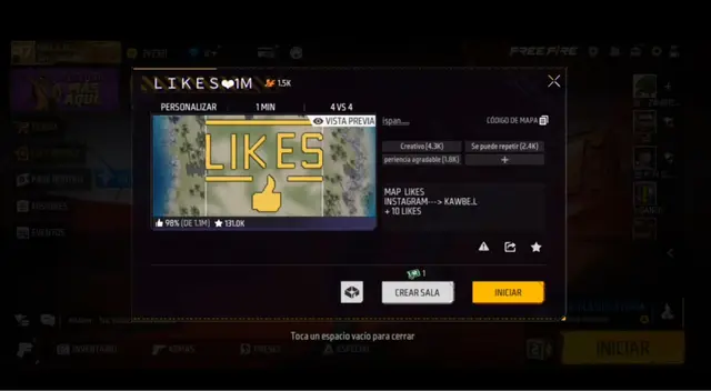 Código de mapa para tener un millón de likes en Free Fire de manera segura y rápida.