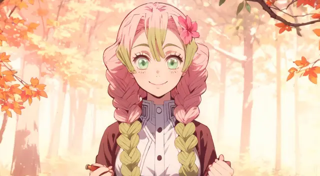 Así luciría Mitsuri Kanroji si fuera un personaje de carne y hueso, según Midjourney IA.