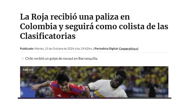 Coperativa de Chile lamentó goleada ante Colombia Coperativa de Chile lamentó goleada ante Colombia
