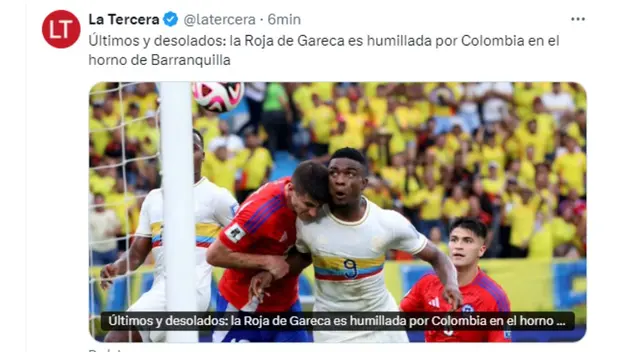 "Últimos y desolados", Así informa el medio La Tercera la nueva derrota de Chile "Últimos y desolados", Así informa el medio La Tercera la nueva derrota de Chile