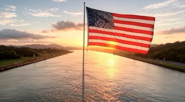 La imagen manipulada muestra una bandera de EE. UU. en el Canal de Panamá.