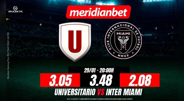 Las apuestas de Meridianbet posicionan a Inter Miami como favorito para ganar, ofreciendo cuotas de 2.08, mientras que la victoria de Universitario asciende a 3.05. Las apuestas de Meridianbet posicionan a Inter Miami como favorito para ganar, ofreciendo cuotas de 2.08, mientras que la victoria de Universitario asciende a 3.05.
