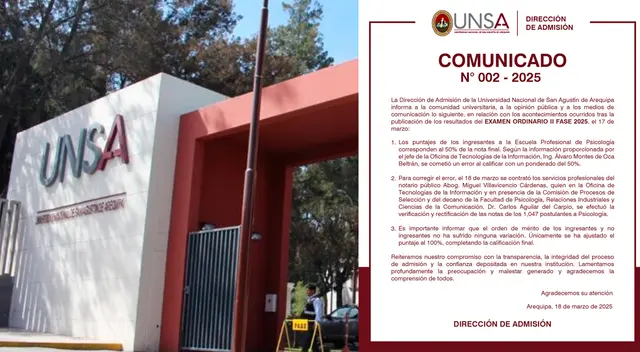 UNSA lanza comunicado y admite error en el examen de admisión 2025.