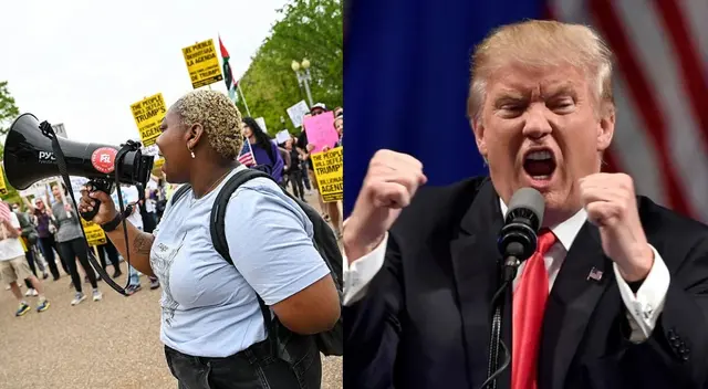 Protestantes hacen escuchar su voz y arremeten contra las decisiones del gobierno de Trump este 19 de abril.