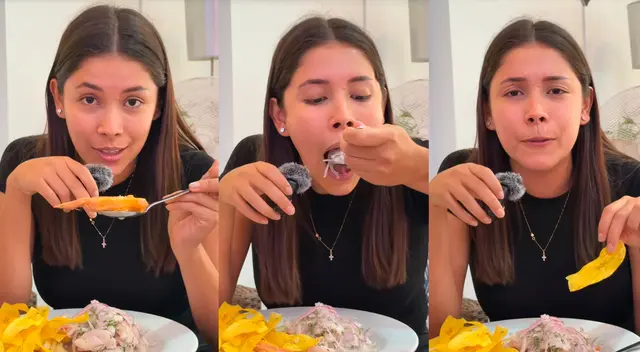 La joven visitó Piura y no dudó en probar el ceviche peruano, que estuvo acompañado con deliciosos chifles.