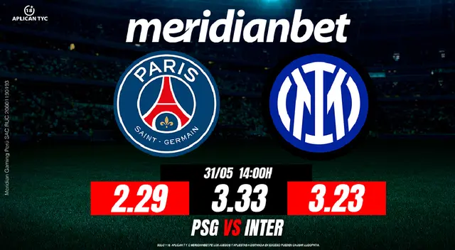 Las cuotas de Meridianbet sitúan a PSG como favorito con 2.29, mientras que Inter paga 3.23 y el empate 3.33.