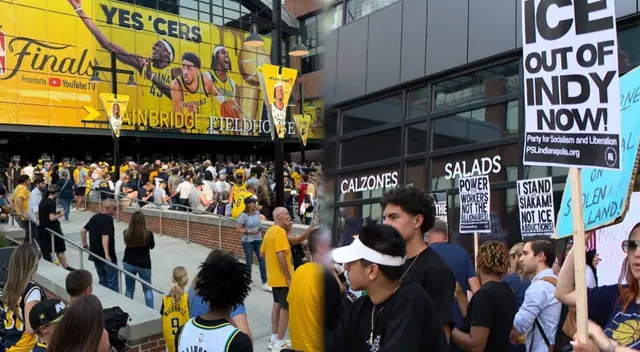 Previo a la tercera final de la NBA, Manifestantes se pronunciaron en rechazo a las tácticas de ICE contra los inmigrantes.
