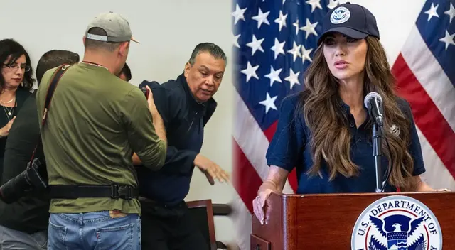 Kristi Noem brindaba una conferencia de prensa, cuando fue interrumpida por Alex Padilla, senador demócrata.