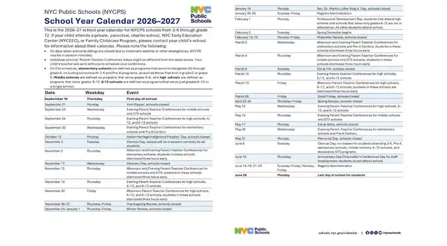 nyc school calendar