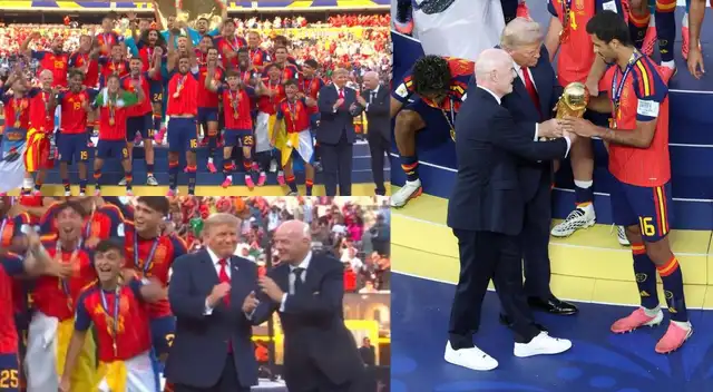 Trump queda en medio de la celebración de España durante la premiación del Mundial 2026. Trump queda en medio de la celebración de España durante la premiación del Mundial 2026.