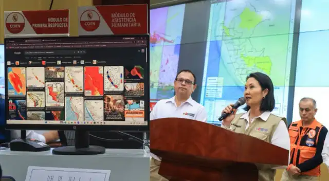 Keiko Fujimori anuncia medidas preventivas ante el fenómeno de El Niño desde el COEN de Chorrillos.