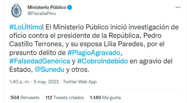 Ministerio Público investiga a Pedro Castillo, y a su esposa, por presunto delito de plagio agravado / Foto: Twitter   
