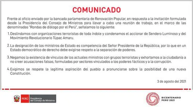 PCM sobre gabinete ministerial