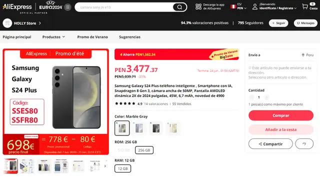 El precio del Galaxy S24 Plus de Samsung. Foto: captura. 