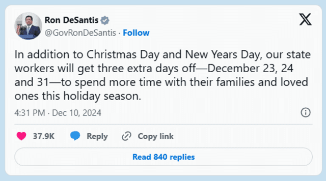 Ron DeSantis | días feriados en diciembre