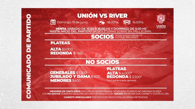 Precio de entradas para River Plate vs. Unión.