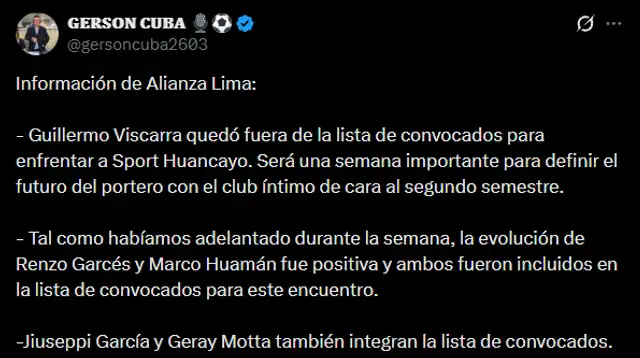Garcés está en lista para el partido contra Huancayo Garcés está en lista para el partido contra Huancayo
