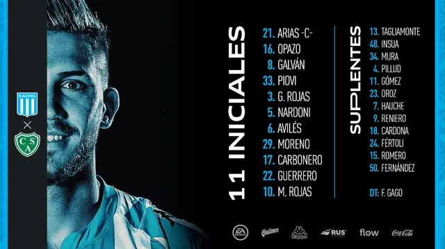El once titular de Racing frente a Sarmiento por la Liga Profesional Argentina. El once titular de Racing frente a Sarmiento por la Liga Profesional Argentina.