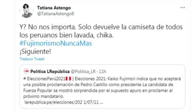 Tatiana Astengo responde a Keiko Fujimori