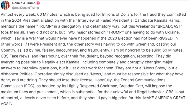  Mediante un post en Truth Social, Trump denunció a CBS de una campaña en su contra. Foto: Truth Social/Donald Trump.   