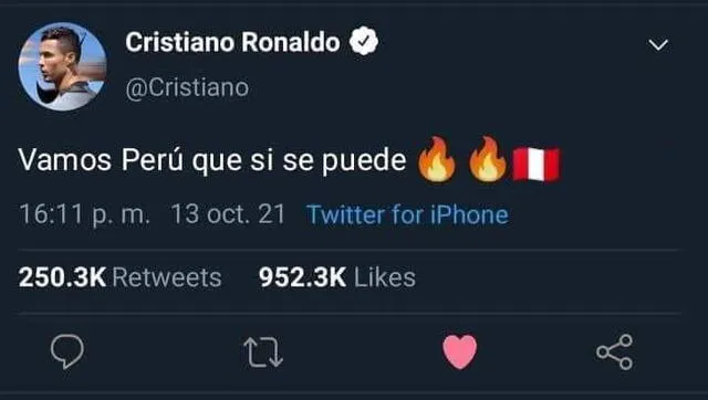 En Twitter se ha viralizado el tuit fake de Cristiano apoyando a Perú