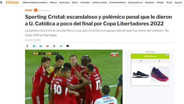 Infobae sobre la polémica victoria de la U. Católica sobre Cristal.