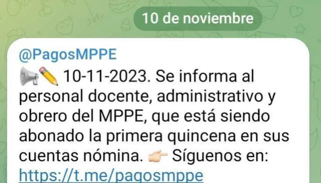 Pago de la primera quincena del MPPE de noviembre. Foto: Telegram. Pago de la primera quincena del MPPE de noviembre. Foto: Telegram.