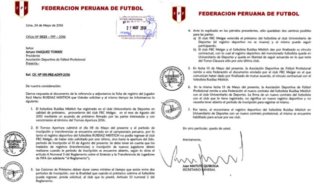 El oficio de la FPF sobre el caso Ruidíaz