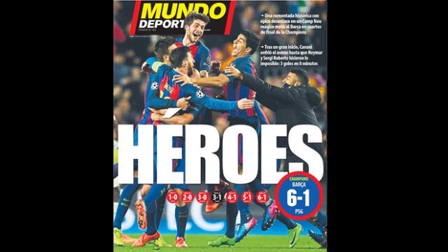 Portada del diario Mundo Deportivo de España del triunfo del Barcelona por 6-1 al PSG en Champions League.