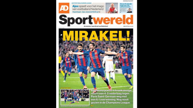 Portada del diario Sport Wereld de Holanda del triunfo del Barcelona por 6-1 al PSG en Champions League.