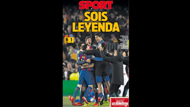 Portada del diario Sport de España del triunfo del Barcelona por 6-1 al PSG en Champions League.