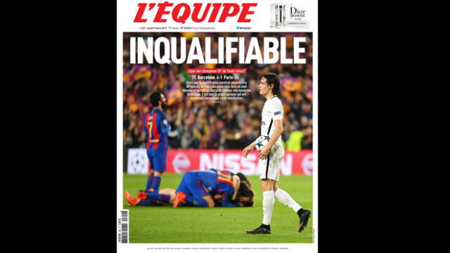 Portada del diario L'Equipe de Francia del triunfo del Barcelona por 6-1 al PSG en Champions League.