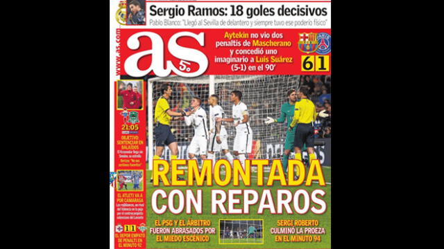 Portada del diario Mundo Deportivo de España del triunfo del Barcelona por 6-1 al PSG en Champions League.