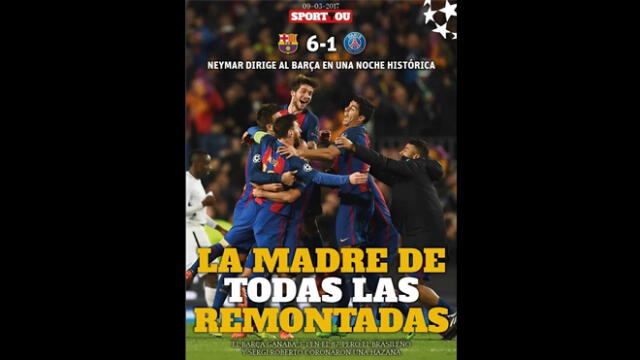 Portada del diario SportYou de España del triunfo del Barcelona por 6-1 al PSG en Champions League.