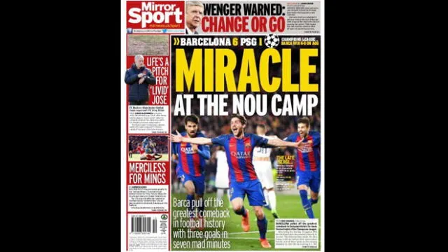 Portada del diario Mirror Sport de Inglaterra del triunfo del Barcelona por 6-1 al PSG en Champions League.