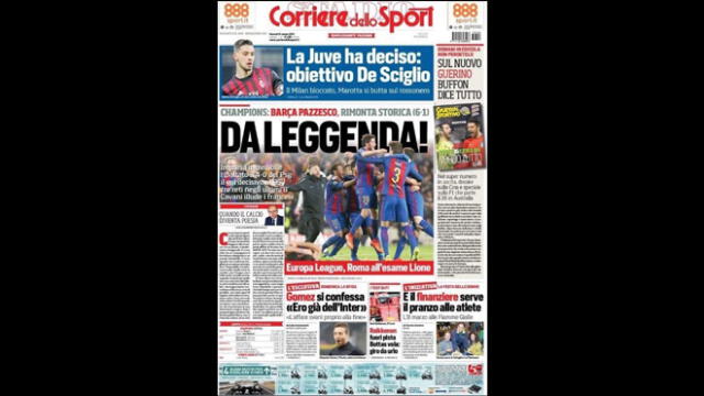Portada del diario  Corriere dello Sport de Italia del triunfo del Barcelona por 6-1 al PSG en Champions League.
