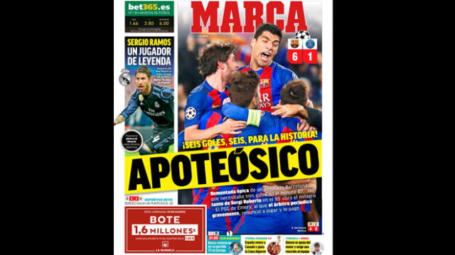 Portada del diario Marca de España sobre el triunfo del Barcelona por 6-1 al PSG en Champions League.