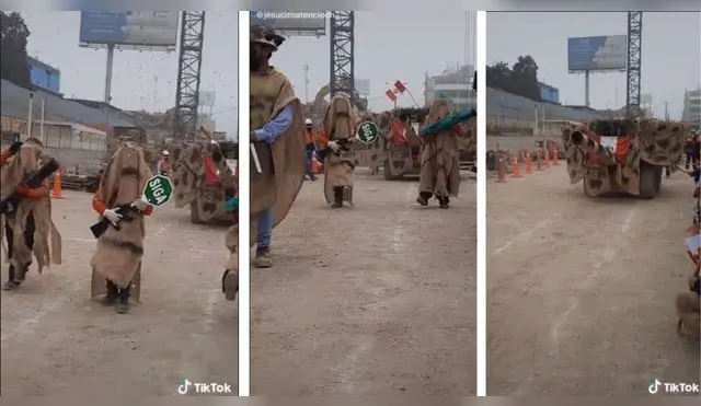 Camuflados y con tanque: trabajadores de construcción detienen y realizan parada militar