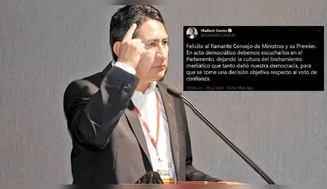 Vladimir Cerrón respalda a nuevo Gabinete Ministerial