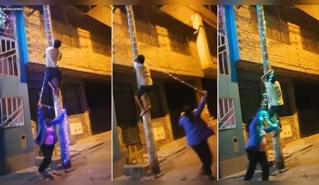Señora se emociona al adornar poste de luz y por poco ata a su hijo con las luces