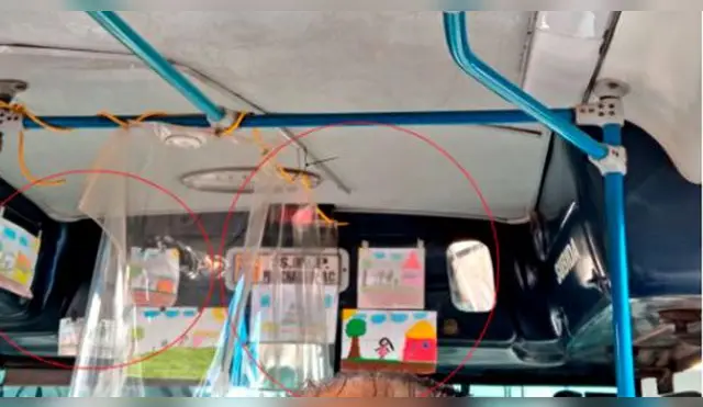 Chofer orgulloso de sus hijos cuelga sus dibujos en el bus