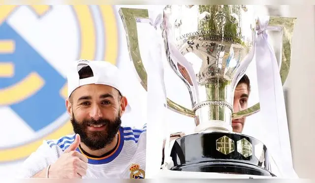 Karim Benzema con el título 35 de LaLiga Santander.