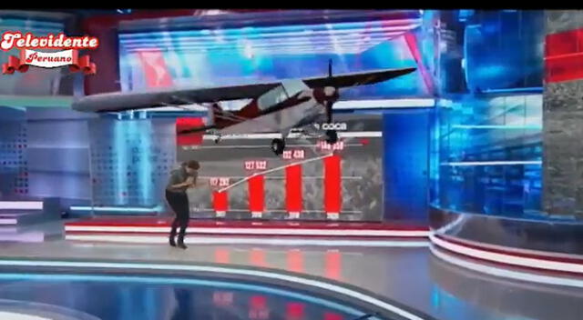 Reacción de Sol Carreño al ingresar una avioneta digital al set de TV es viral en redes