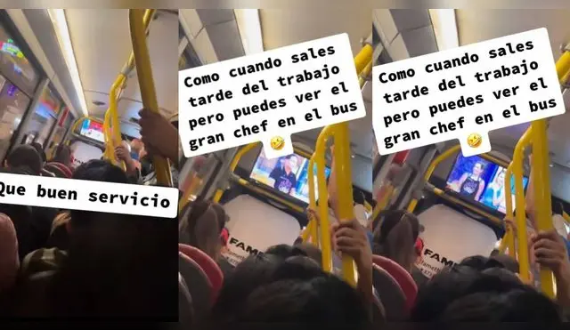 Pasajero disfruta de 'El Gran Chef famosos' en transporte público.