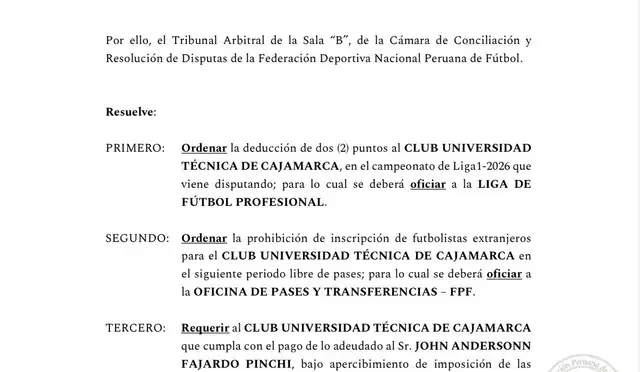 UTC fue sancionado por la FPF con una deducción de dos puntos y la prohibición de fichar jugadores extranjeros UTC fue sancionado por la FPF con una deducción de dos puntos y la prohibición de fichar jugadores extranjeros