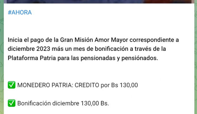 Inició el pago de la Gran Misión Amor Mayor para pensionados. Foto: Telegram. Inició el pago de la Gran Misión Amor Mayor para pensionados. Foto: Telegram.