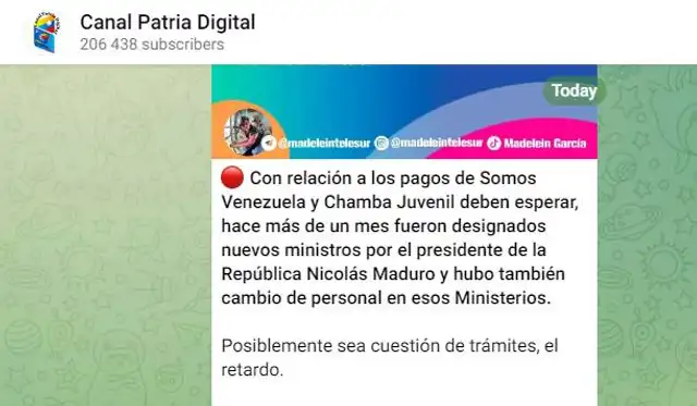 Anuncio del Bono Chamba Juvenil | Canal Patria Digital / Telegram   